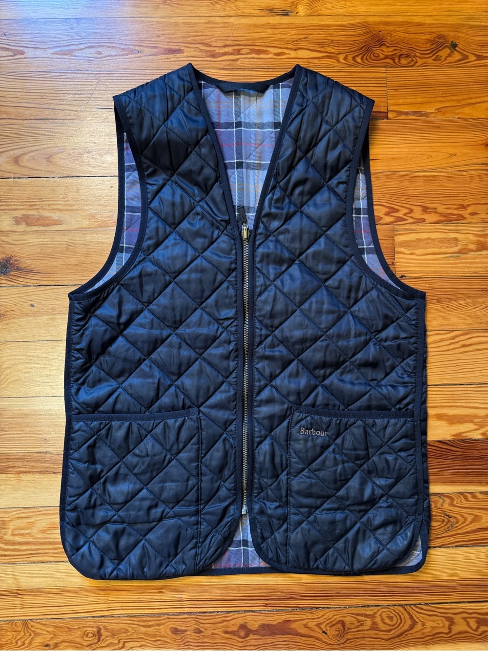 Barbour Black Quilted Zip Vest with Plaid Lining